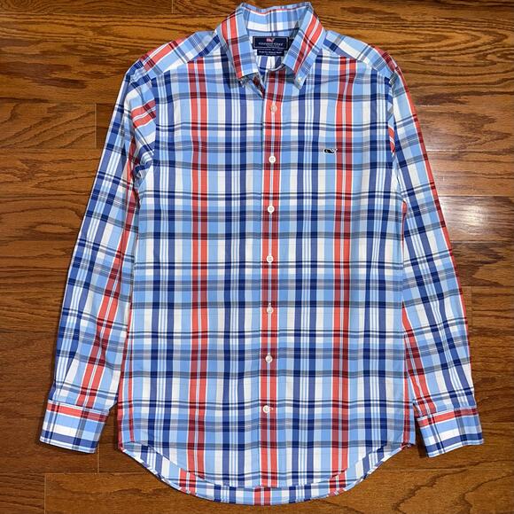 Vineyard Vines Preppy Slim Fit Blue Red Plaid Whale Button Up Shirt Size Small - Picture 8 of 14